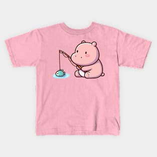 cute hippo fishing Kids T-Shirt